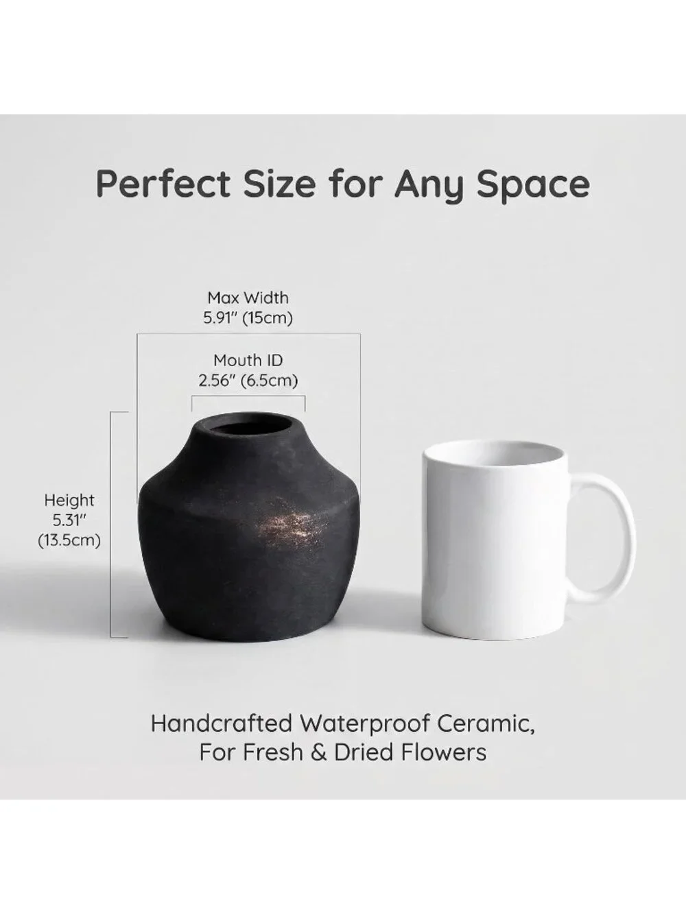 5.3 Inch Small Matte Black Ceramic Farmhouse Vase With Handles For Living Room